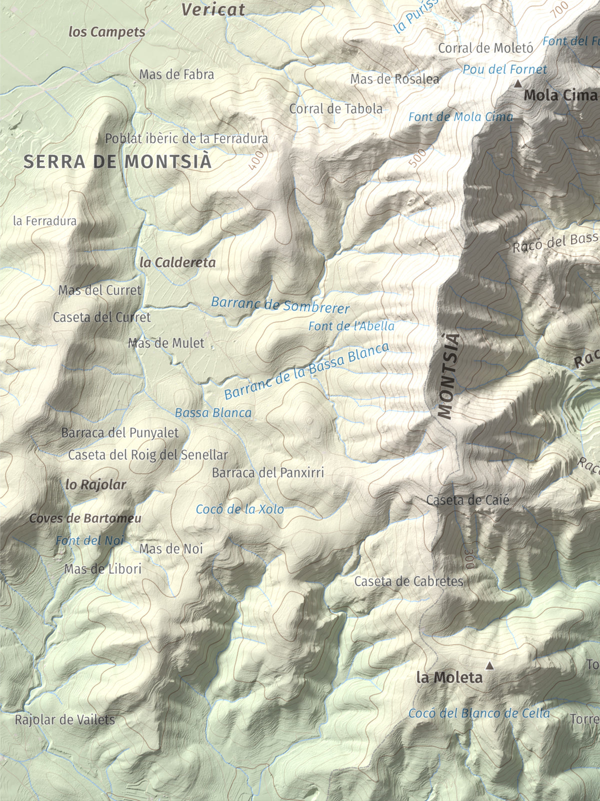 Mapa topogràfic del relleu: Torreta del Montsià, 763 m. Detall de la zona inferior esquerra. 30 × 40 cm.