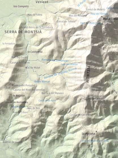 Mapa topogràfic del relleu: Torreta del Montsià, 763 m. Detall de la zona inferior esquerra. 30 × 40 cm.