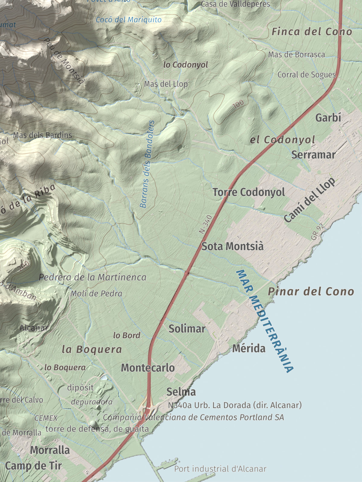 Mapa topogràfic del relleu: Torreta del Montsià, 763 m. Detall de la zona inferior dreta. 30 × 40 cm.