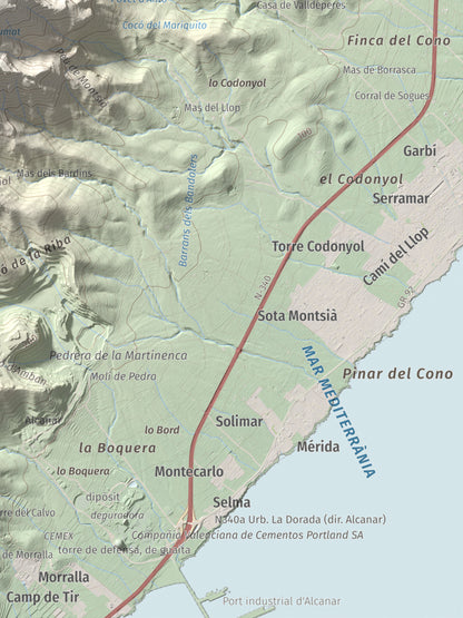Mapa topogràfic del relleu: Torreta del Montsià, 763 m. Detall de la zona inferior dreta. 30 × 40 cm.