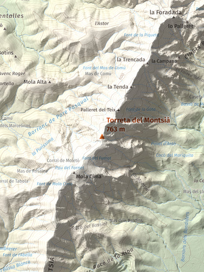 Mapa topogràfic del relleu: Torreta del Montsià, 763 m. Detall de la zona central. 30 × 40 cm.