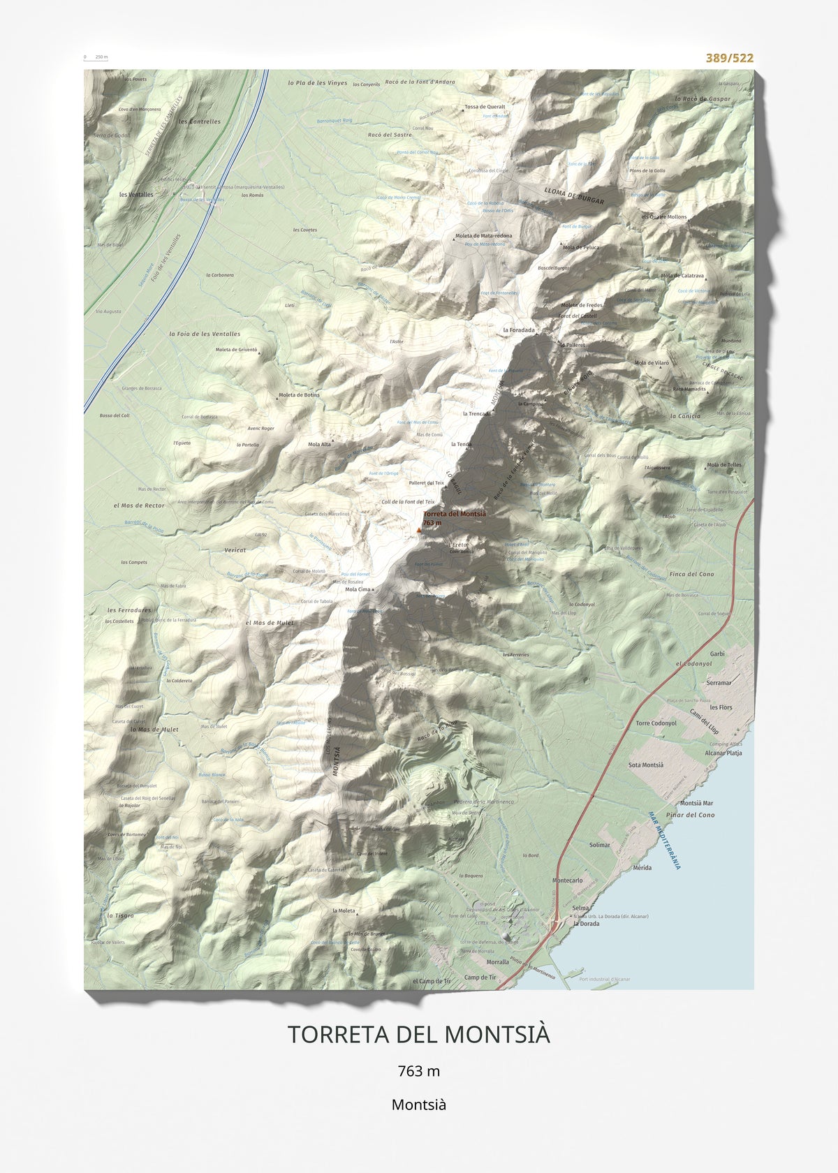 Mapa topogràfic del relleu: Torreta del Montsià, 763 m. Làmina completa. 50 × 70 cm.