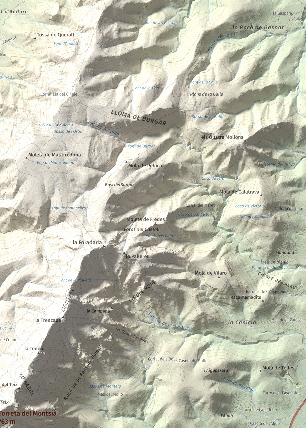 Mapa topogràfic del relleu: Torreta del Montsià, 763 m. Detall de la zona superior dreta. 50 × 70 cm.
