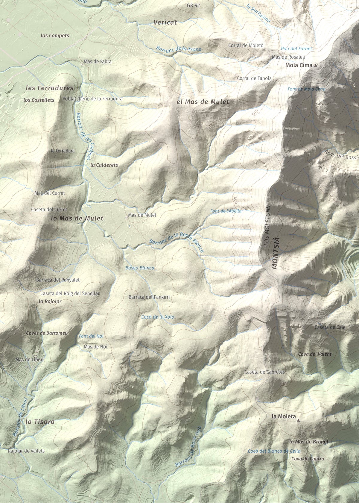 Mapa topogràfic del relleu: Torreta del Montsià, 763 m. Detall de la zona inferior esquerra. 50 × 70 cm.