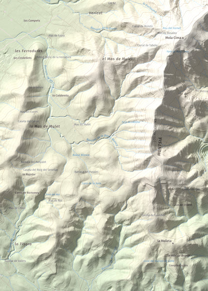 Mapa topogràfic del relleu: Torreta del Montsià, 763 m. Detall de la zona inferior esquerra. 50 × 70 cm.