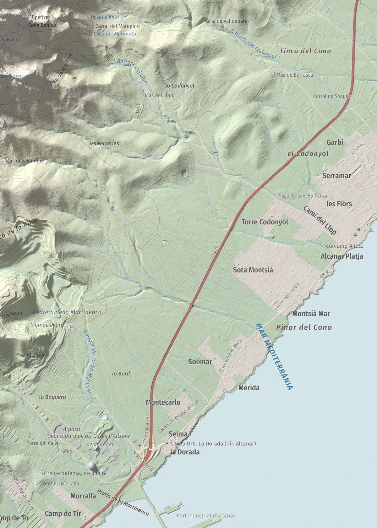 Mapa topogràfic del relleu: Torreta del Montsià, 763 m. Detall de la zona inferior dreta. 50 × 70 cm.