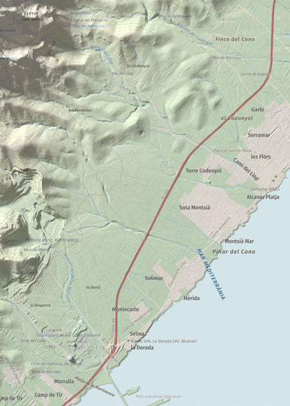 Mapa topogràfic del relleu: Torreta del Montsià, 763 m. Detall de la zona inferior dreta. 50 × 70 cm.