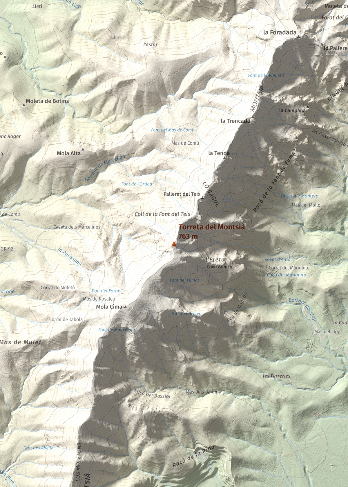 Mapa topogràfic del relleu: Torreta del Montsià, 763 m. Detall de la zona central. 50 × 70 cm.