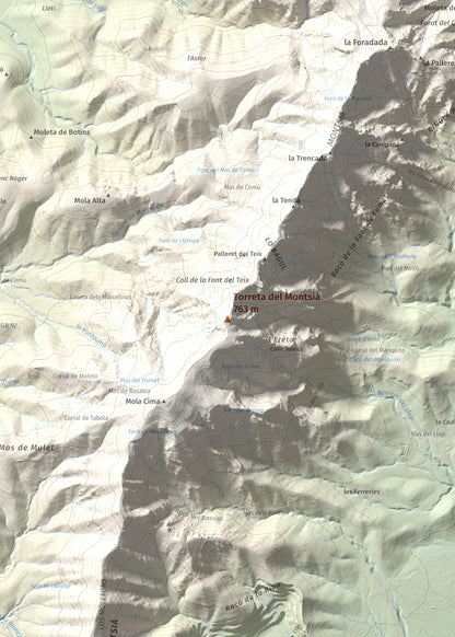Mapa topogràfic del relleu: Torreta del Montsià, 763 m. Detall de la zona central. 50 × 70 cm.