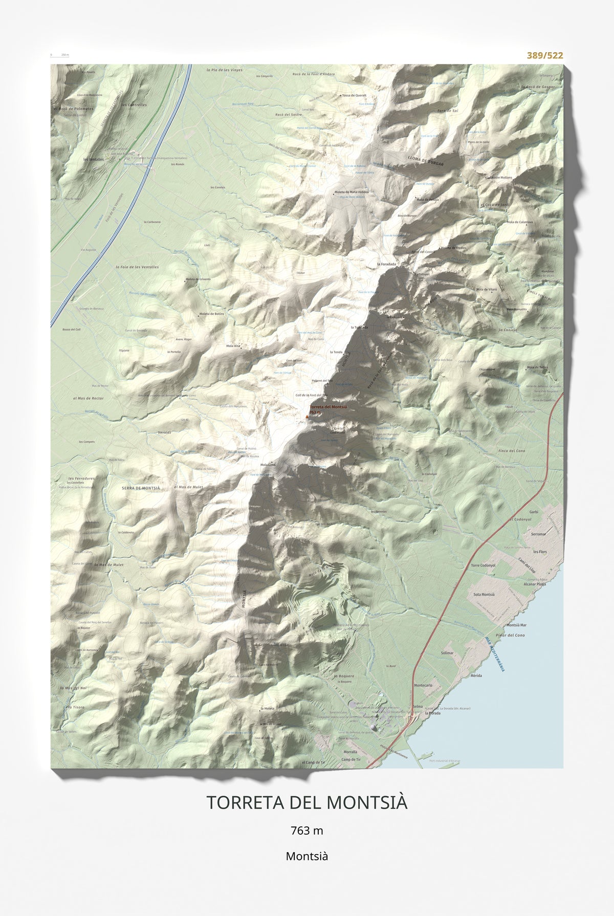 Mapa topogràfic del relleu: Torreta del Montsià, 763 m. Làmina completa. 61 × 91 cm.