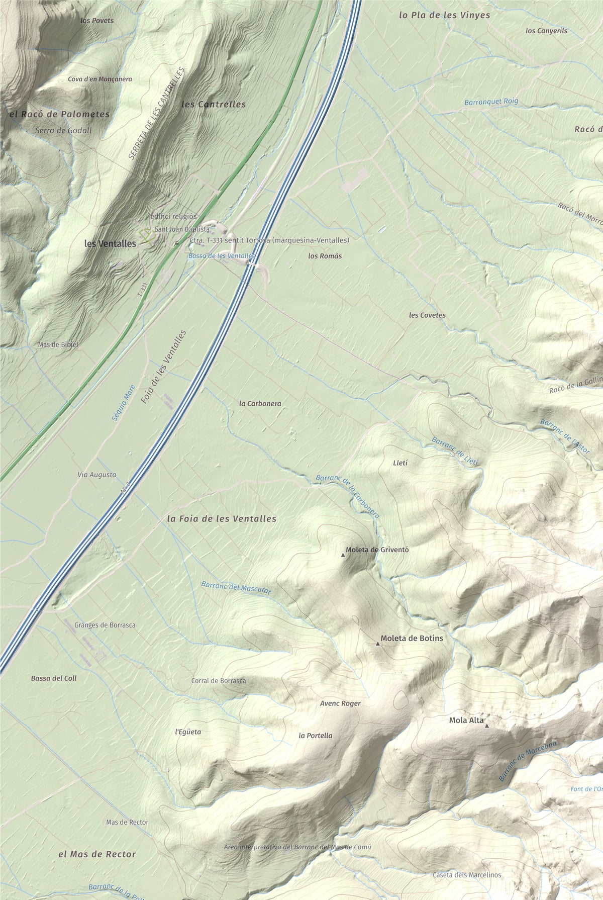 Mapa topogràfic del relleu: Torreta del Montsià, 763 m. Detall de la zona superior esquerra. 61 × 91 cm.