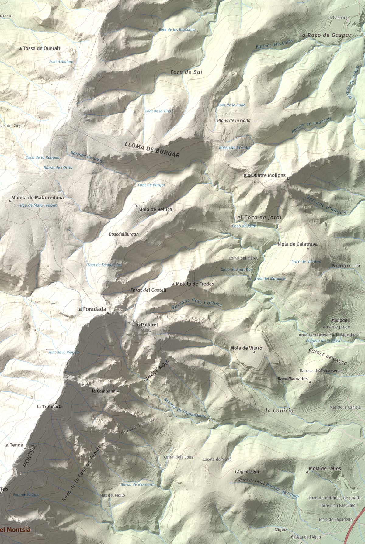 Mapa topogràfic del relleu: Torreta del Montsià, 763 m. Detall de la zona superior dreta. 61 × 91 cm.