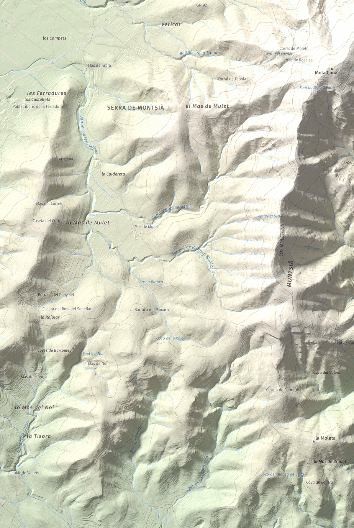 Mapa topogràfic del relleu: Torreta del Montsià, 763 m. Detall de la zona inferior esquerra. 61 × 91 cm.
