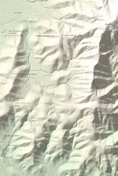 Mapa topogràfic del relleu: Torreta del Montsià, 763 m. Detall de la zona inferior esquerra. 61 × 91 cm.