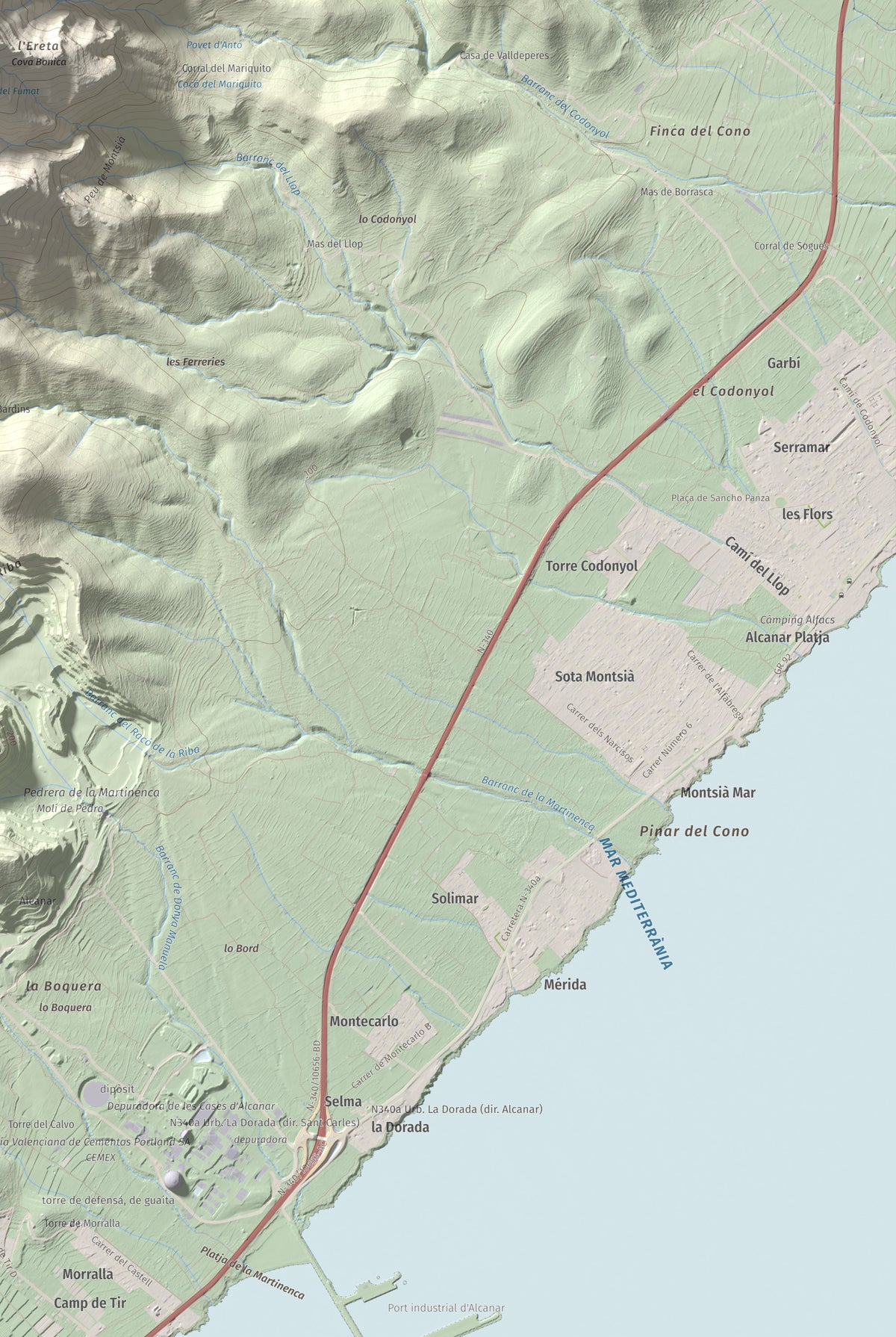Mapa topogràfic del relleu: Torreta del Montsià, 763 m. Detall de la zona inferior dreta. 61 × 91 cm.