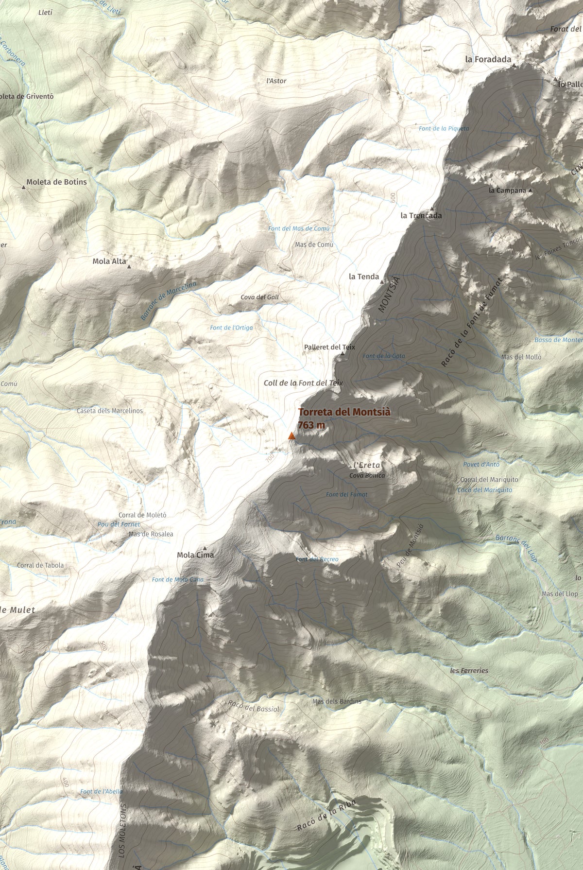 Mapa topogràfic del relleu: Torreta del Montsià, 763 m. Detall de la zona central. 61 × 91 cm.