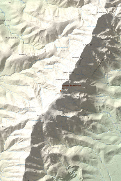 Mapa topogràfic del relleu: Torreta del Montsià, 763 m. Detall de la zona central. 61 × 91 cm.