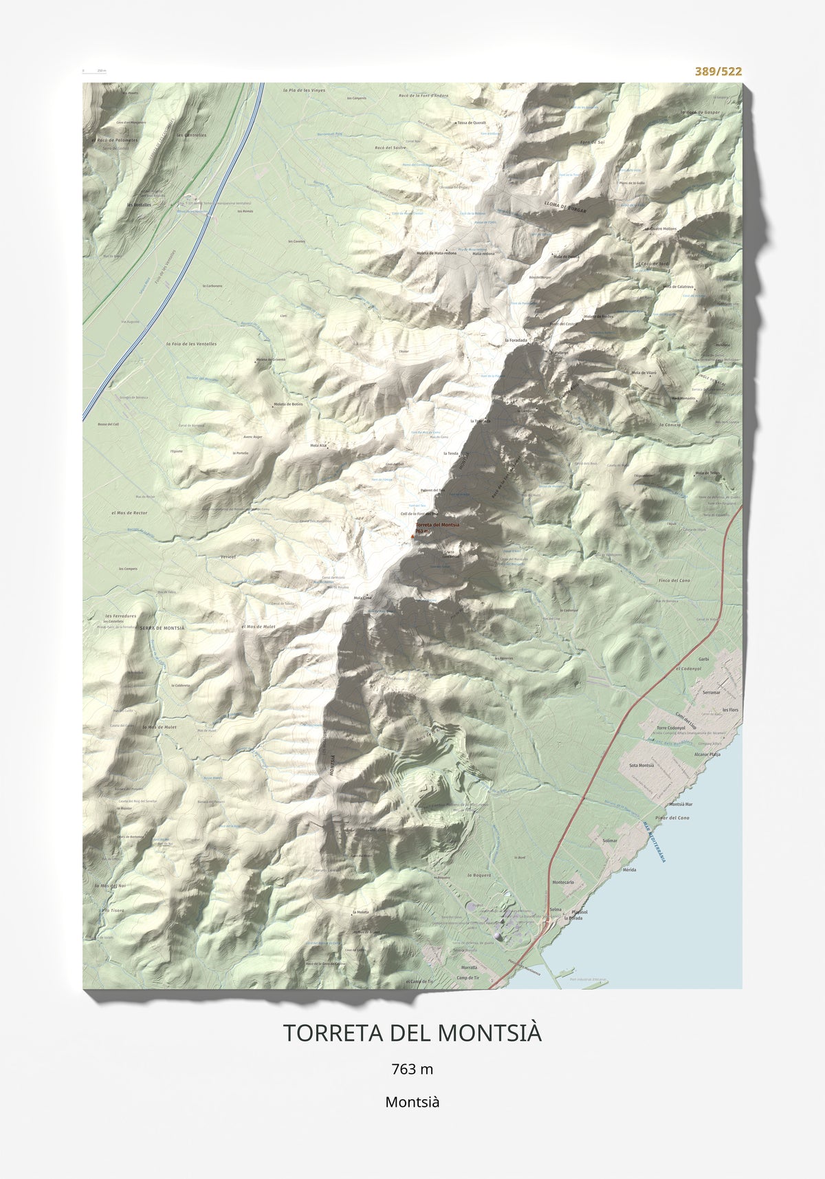 Mapa topogràfic del relleu: Torreta del Montsià, 763 m. Làmina completa. 70 × 100 cm.