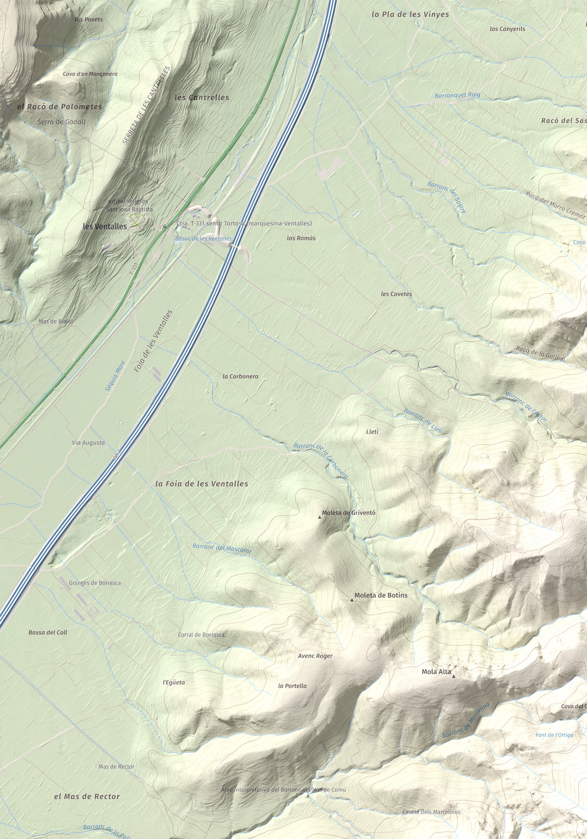Mapa topogràfic del relleu: Torreta del Montsià, 763 m. Detall de la zona superior esquerra. 70 × 100 cm.