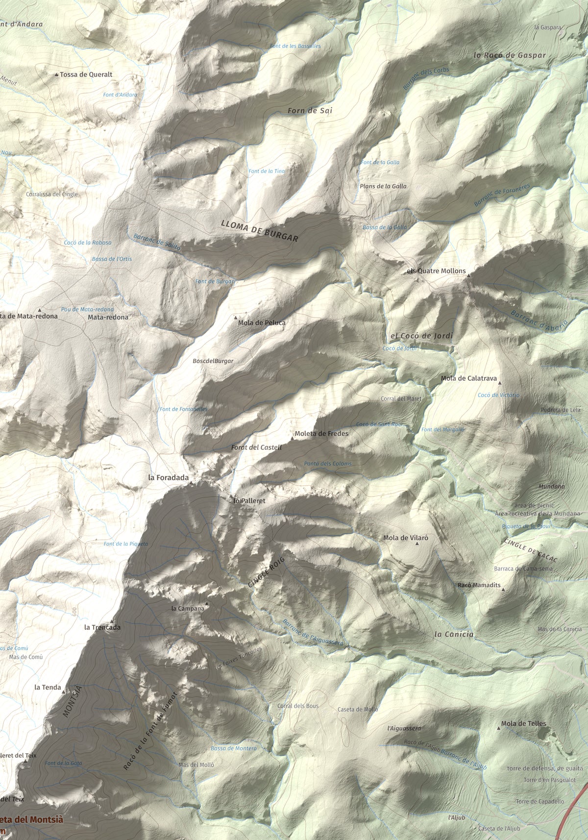 Mapa topogràfic del relleu: Torreta del Montsià, 763 m. Detall de la zona superior dreta. 70 × 100 cm.