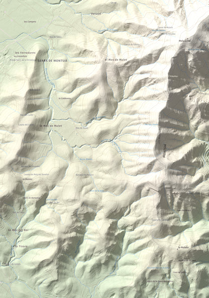 Mapa topogràfic del relleu: Torreta del Montsià, 763 m. Detall de la zona inferior esquerra. 70 × 100 cm.