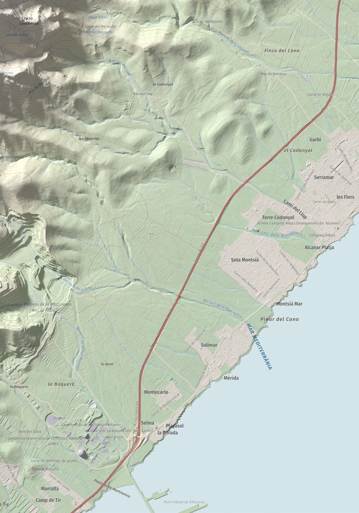 Mapa topogràfic del relleu: Torreta del Montsià, 763 m. Detall de la zona inferior dreta. 70 × 100 cm.