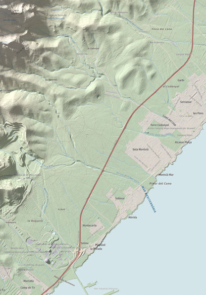 Mapa topogràfic del relleu: Torreta del Montsià, 763 m. Detall de la zona inferior dreta. 70 × 100 cm.