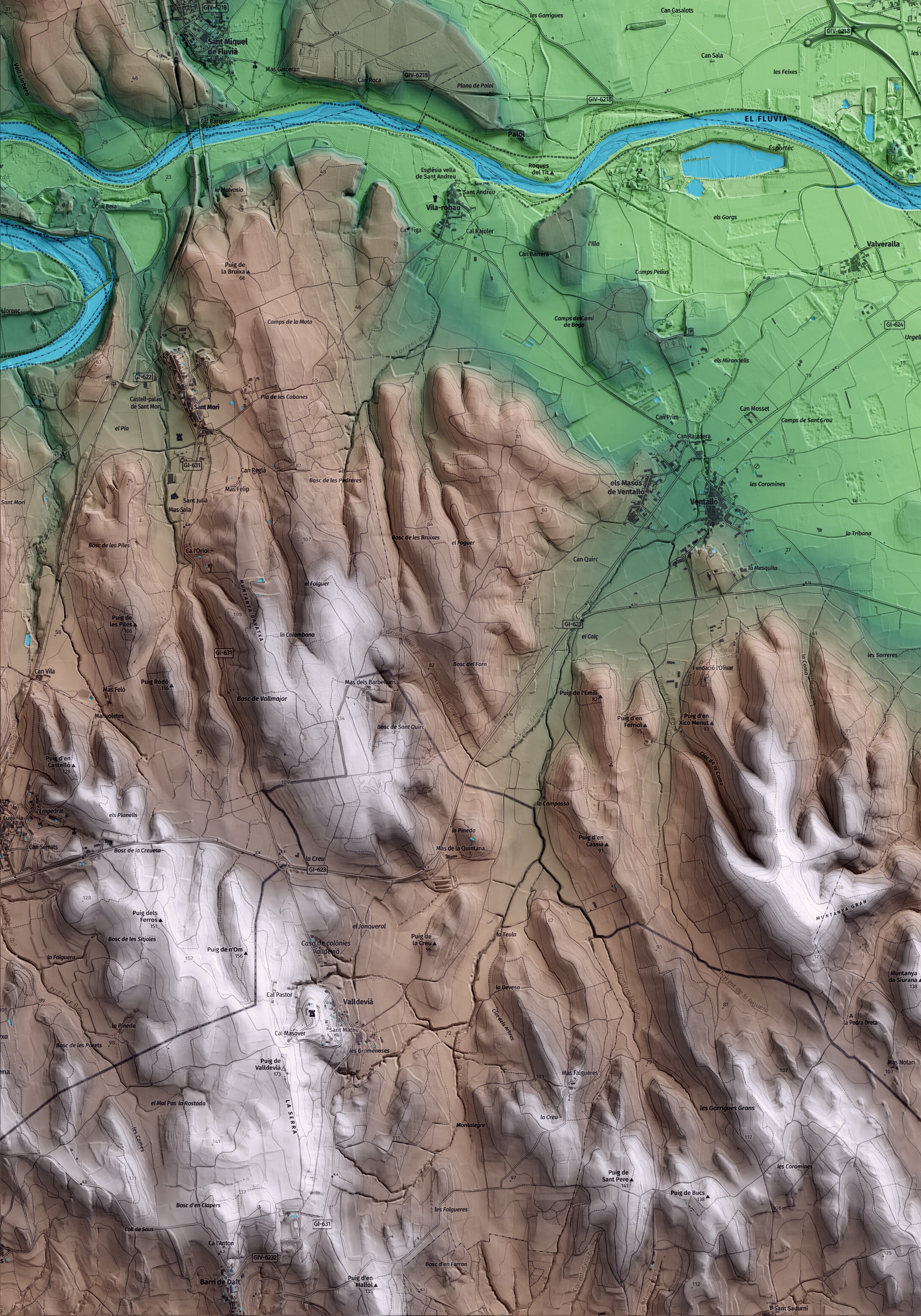 Mapa artístico del relieve de Torroella de Fluvià, al Alt Empordà, con 15 km de entorno y base topográfica ICGC. Detalle de la zona inferior izquierda.
