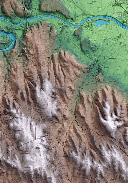 Mapa artístico del relieve de Torroella de Fluvià, al Alt Empordà, con 15 km de entorno y base topográfica ICGC. Detalle de la zona inferior izquierda.