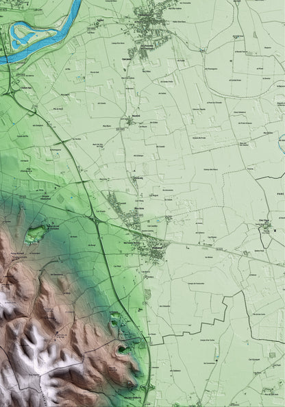 Mapa artístico del relieve de Torroella de Fluvià, al Alt Empordà, con 15 km de entorno y base topográfica ICGC. Detalle de la zona inferior derecha.