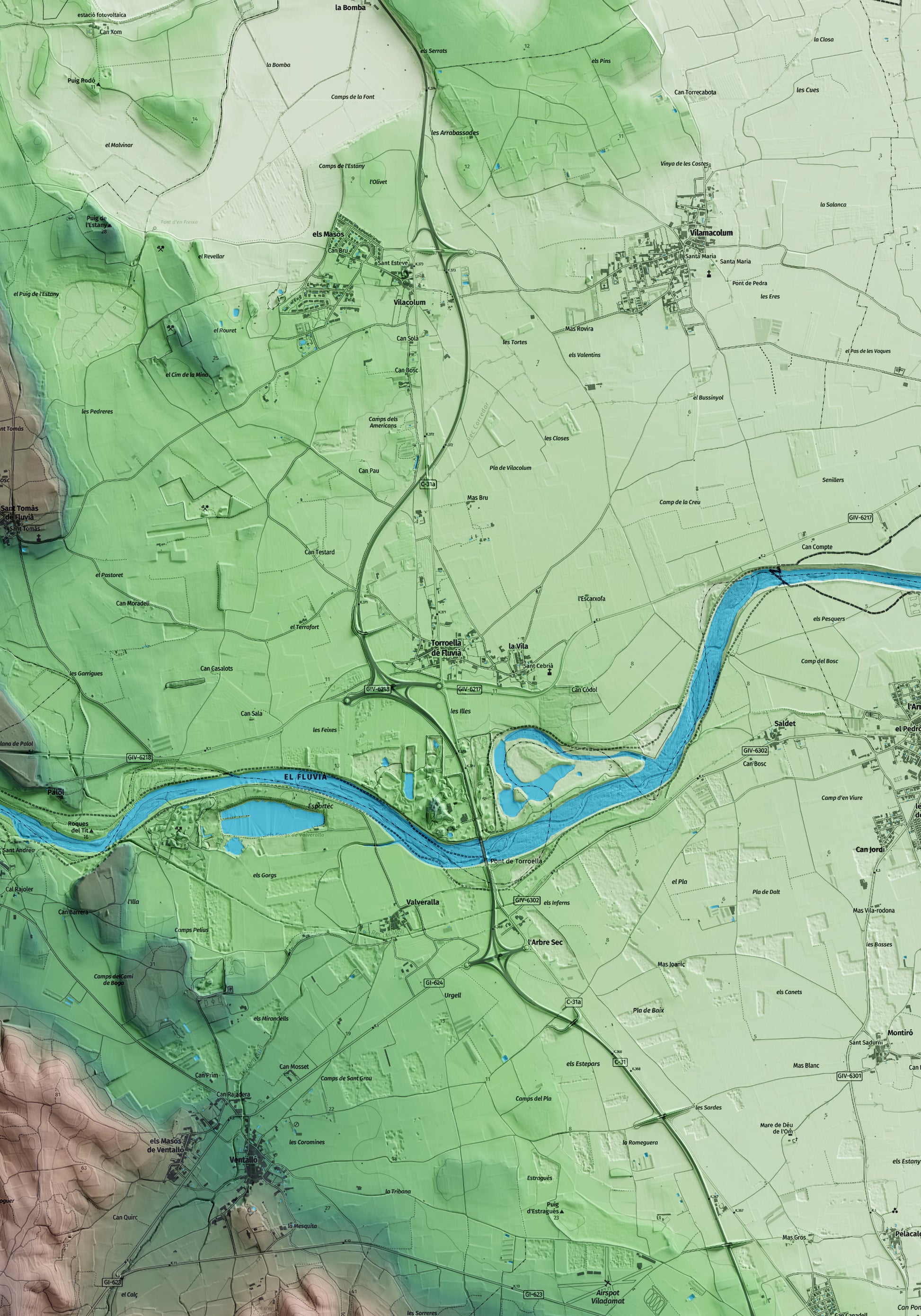 Mapa artístico del relieve de Torroella de Fluvià, al Alt Empordà, con 15 km de entorno y base topográfica ICGC. Detalle de la zona central.