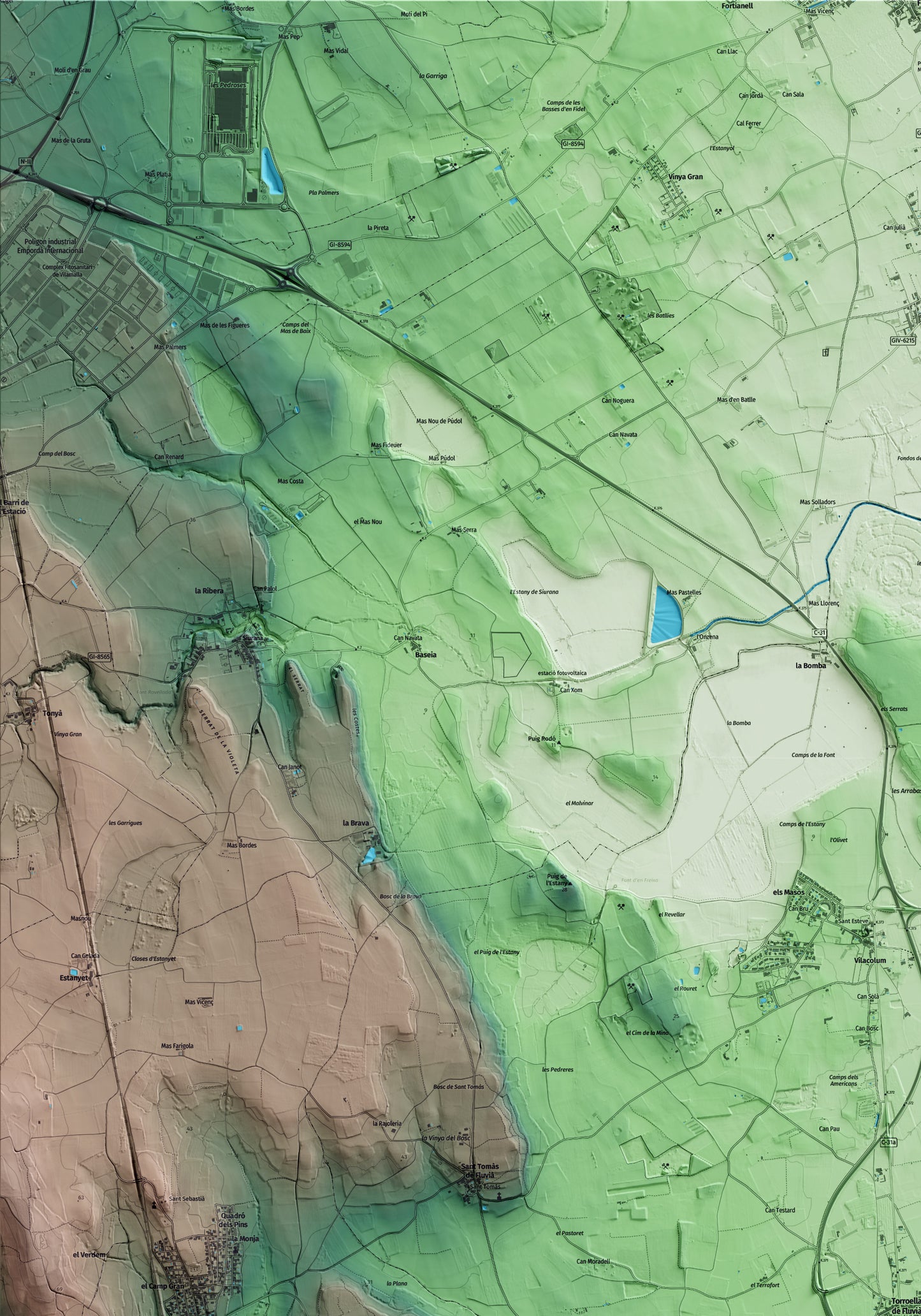 Mapa artístico del relieve de Torroella de Fluvià, al Alt Empordà, con 15 km de entorno y base topográfica ICGC. Detalle de la zona superior izquierda.