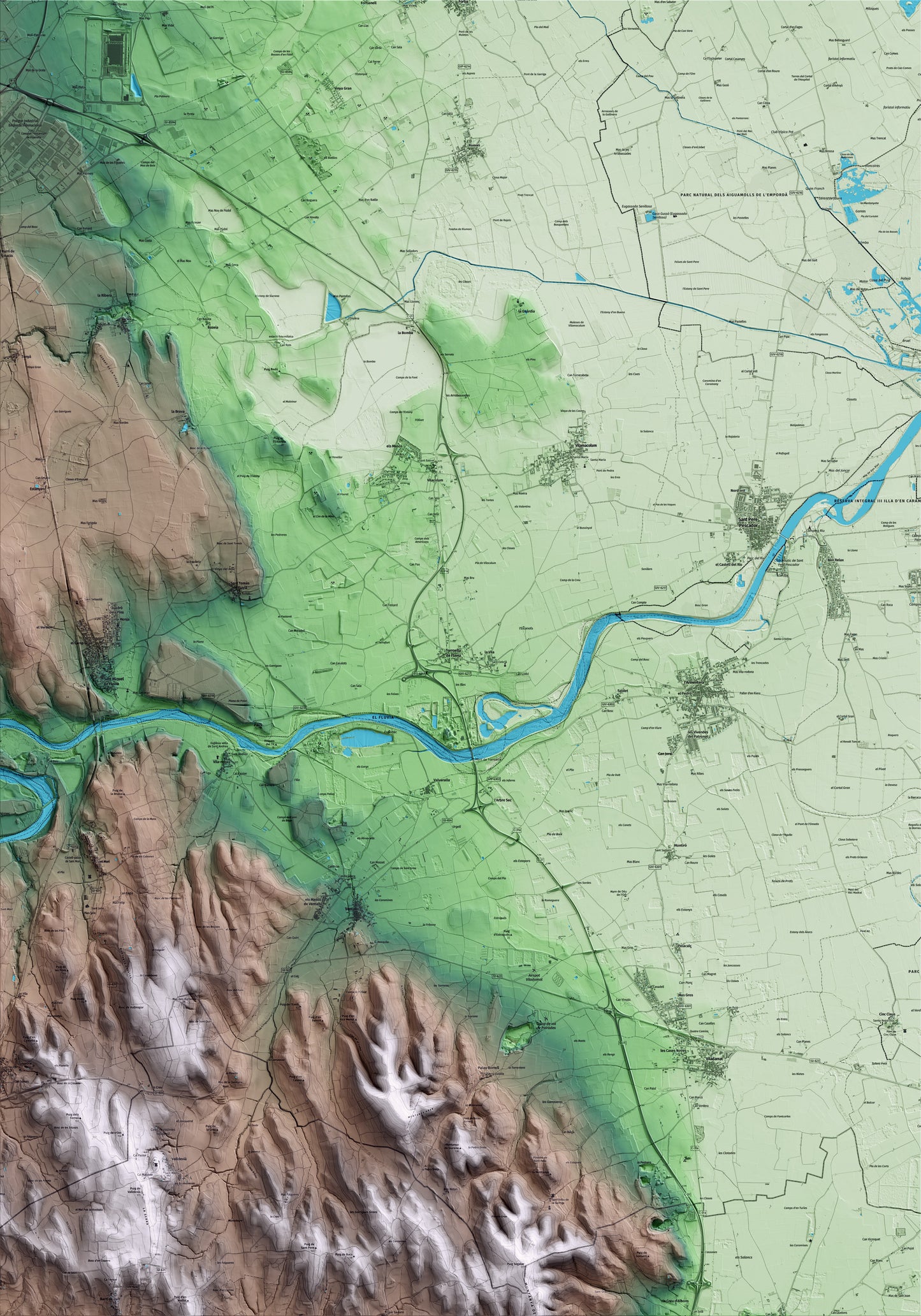 Mapa artístico del relieve de Torroella de Fluvià, al Alt Empordà, con 15 km de entorno y base topográfica ICGC