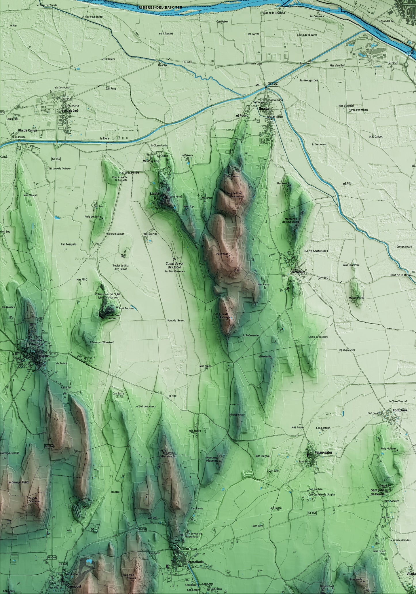 Mapa artístico del relieve de Torroella de Montgrí, al Baix Empordà, con 15 km de entorno y base topográfica ICGC. Detalle de la zona inferior izquierda.