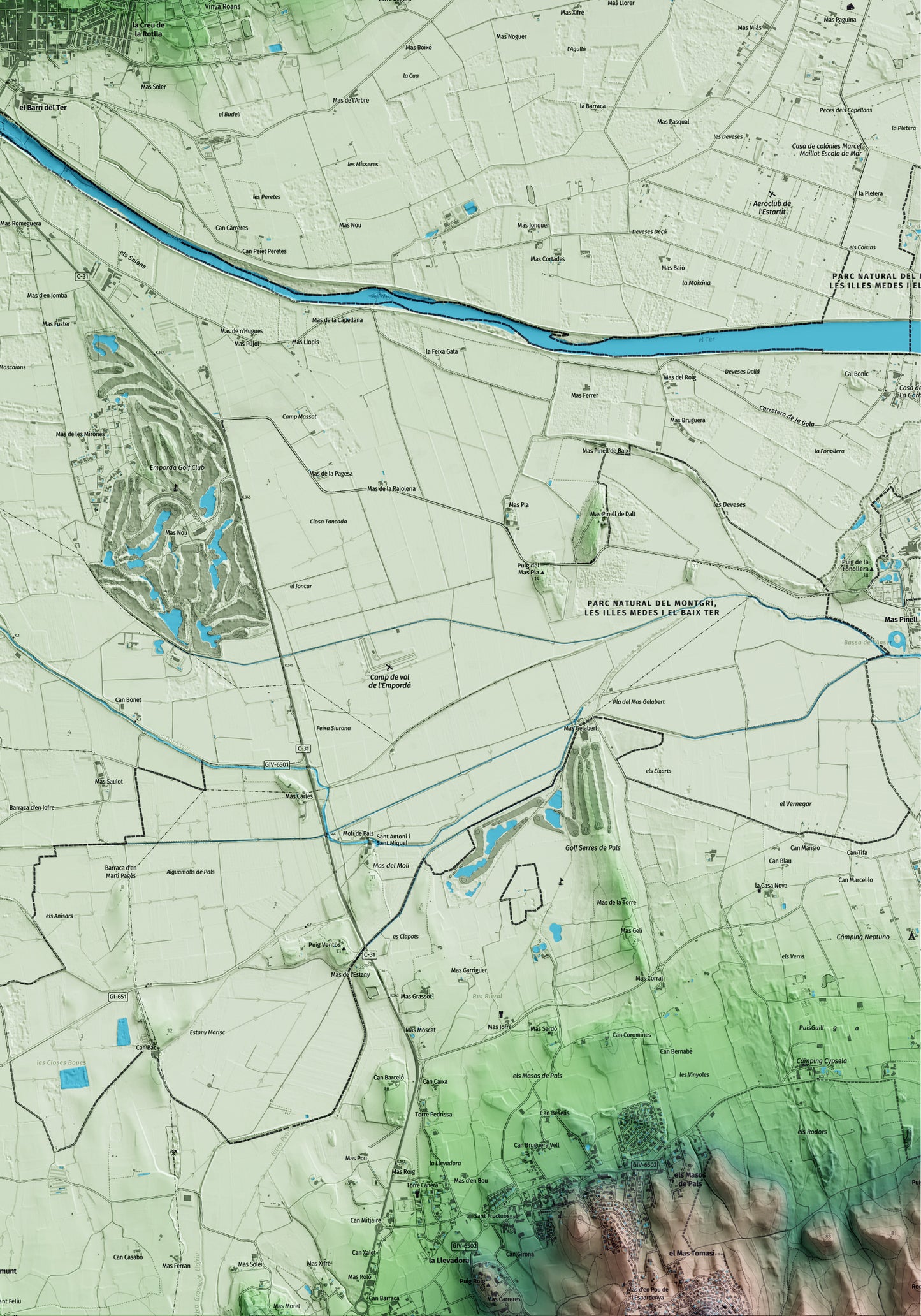 Mapa artístico del relieve de Torroella de Montgrí, al Baix Empordà, con 15 km de entorno y base topográfica ICGC. Detalle de la zona inferior derecha.
