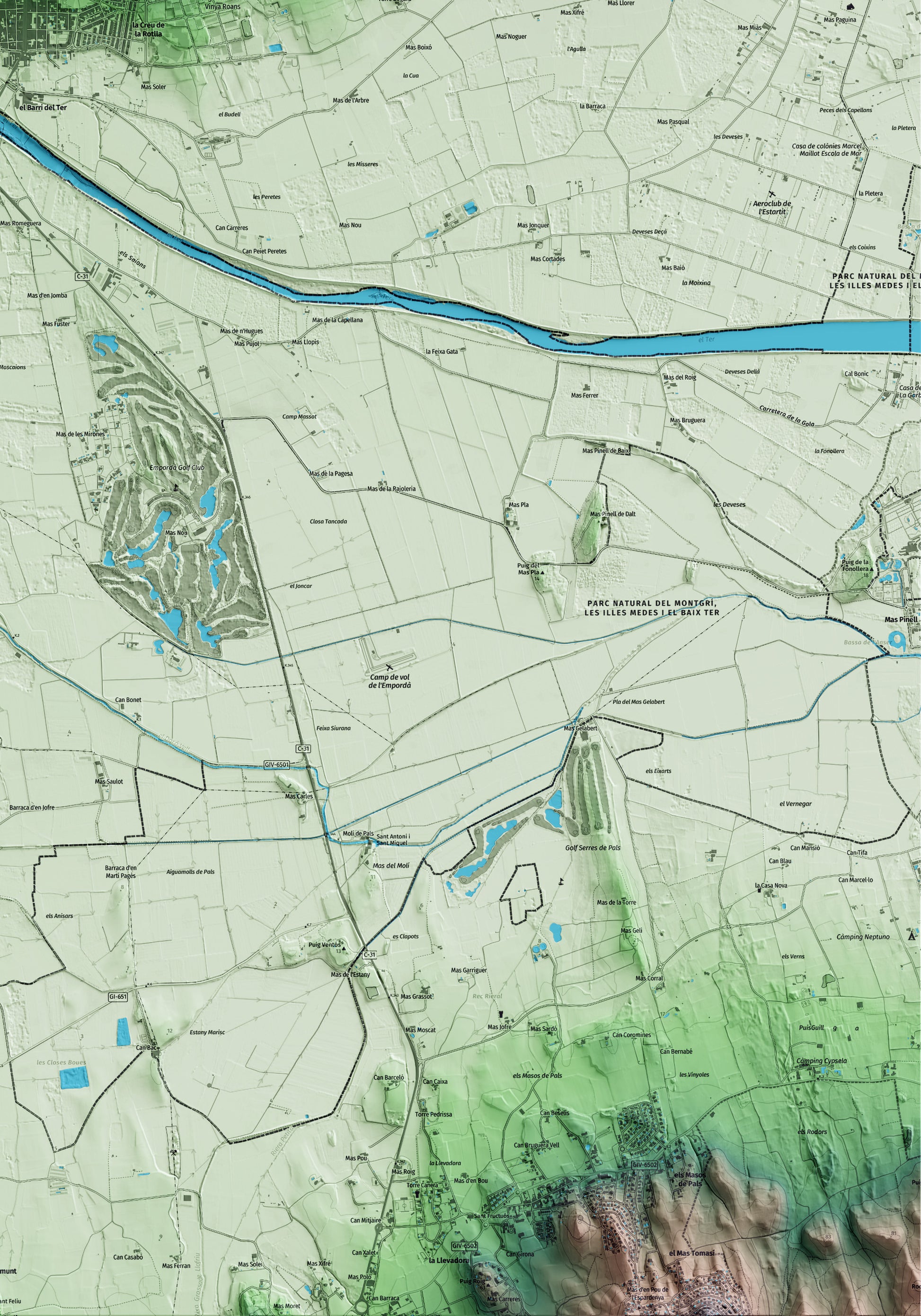 Mapa artístico del relieve de Torroella de Montgrí, al Baix Empordà, con 15 km de entorno y base topográfica ICGC. Detalle de la zona inferior derecha.