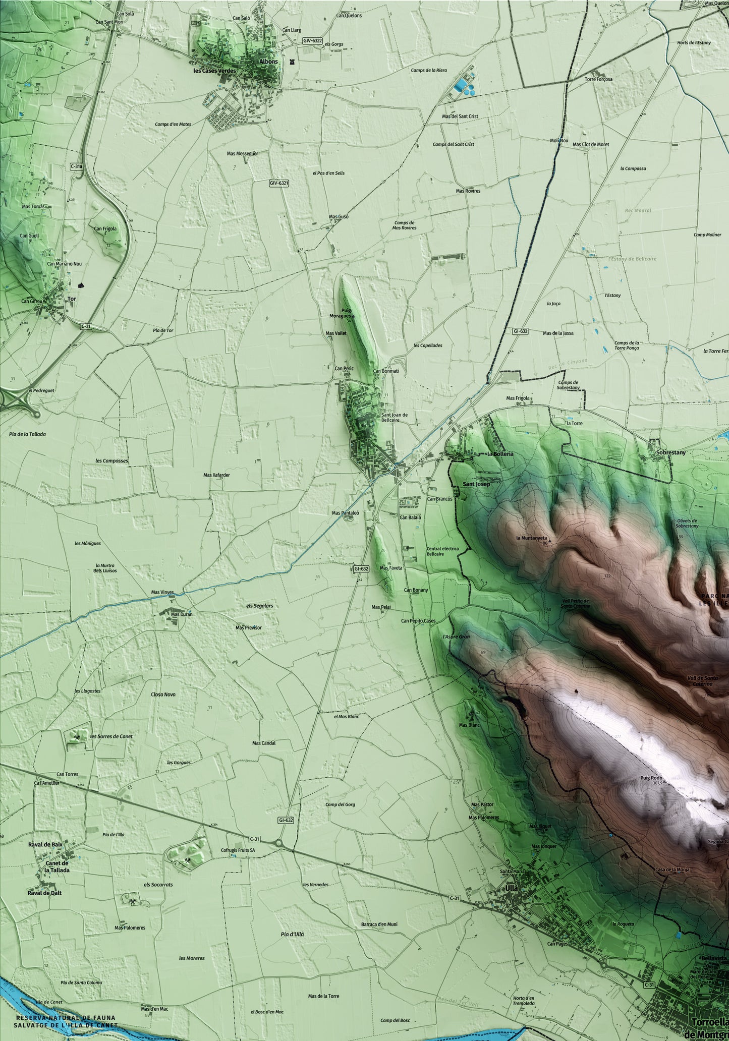 Mapa artístico del relieve de Torroella de Montgrí, al Baix Empordà, con 15 km de entorno y base topográfica ICGC. Detalle de la zona superior izquierda.