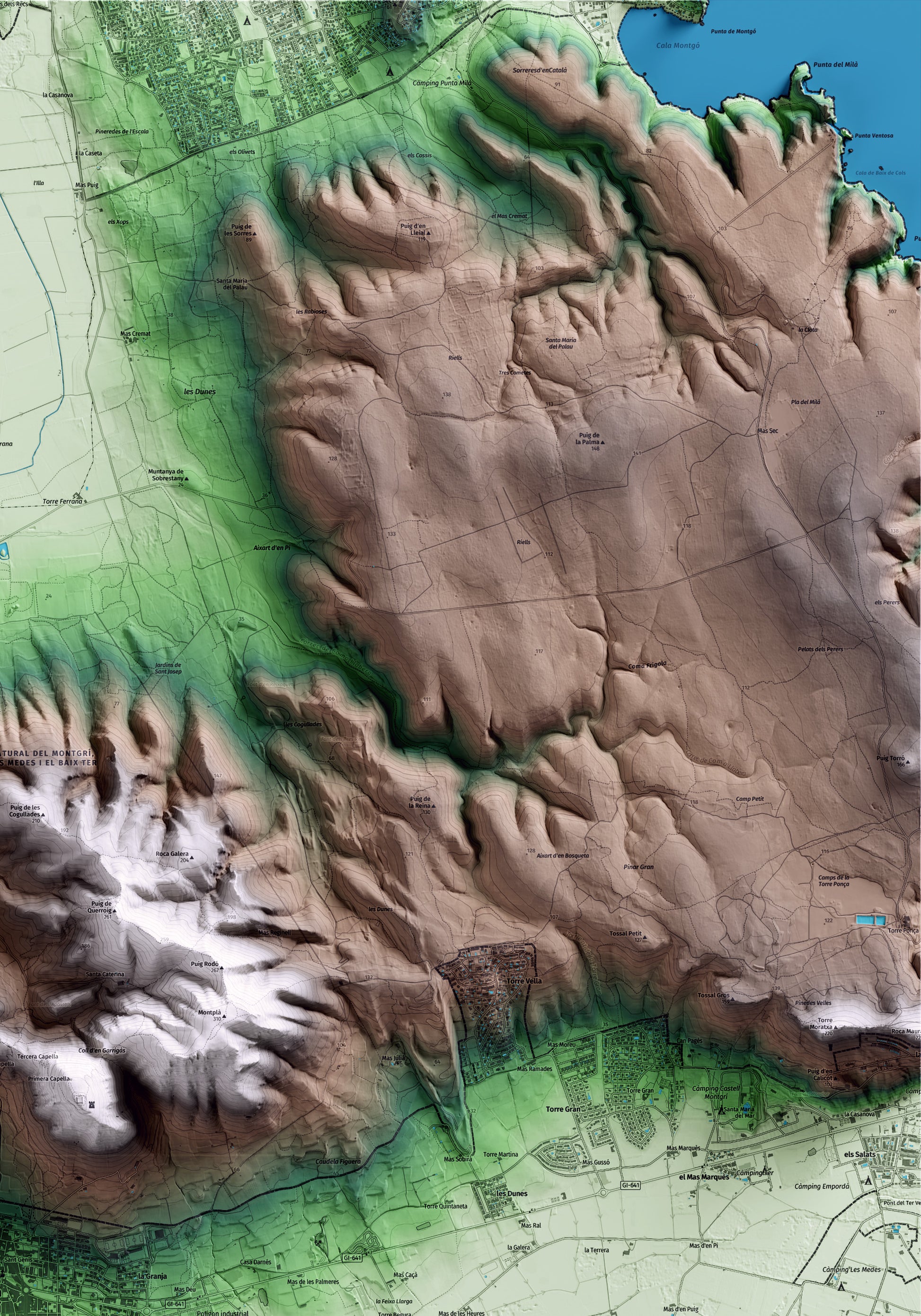 Mapa artístico del relieve de Torroella de Montgrí, al Baix Empordà, con 15 km de entorno y base topográfica ICGC. Detalle de la zona superior derecha.