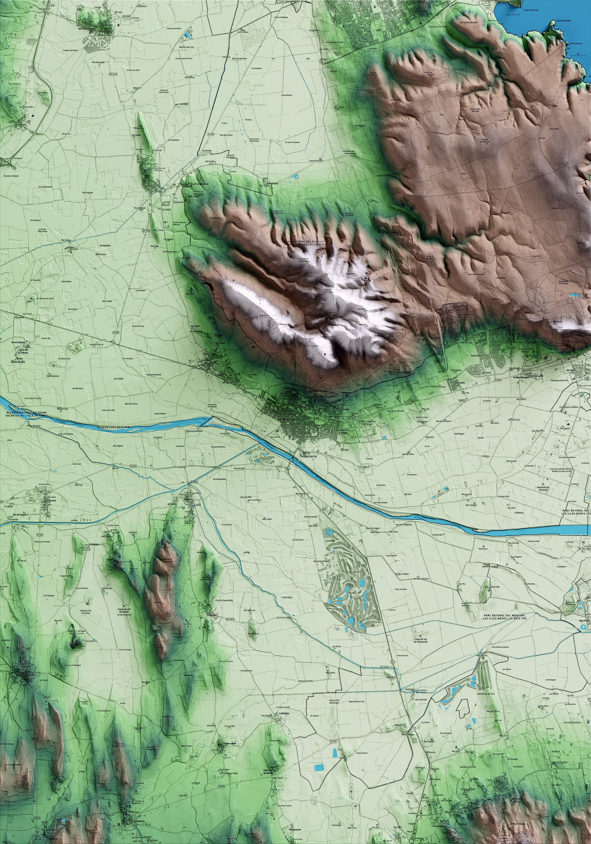 Mapa artístico del relieve de Torroella de Montgrí, al Baix Empordà, con 15 km de entorno y base topográfica ICGC