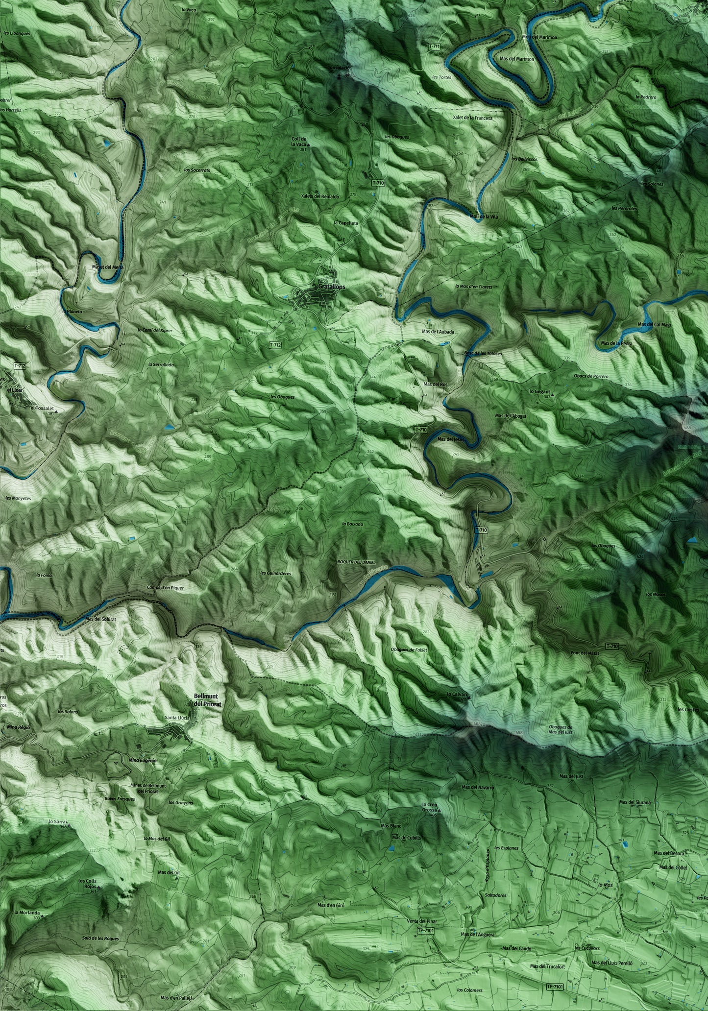 Mapa artístico del relieve de Torroja del Priorat, al Priorat, con 15 km de entorno y base topográfica ICGC. Detalle de la zona inferior izquierda.