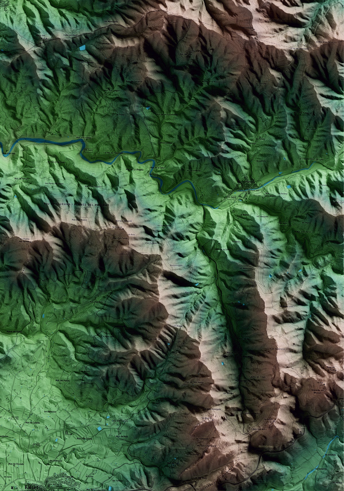Mapa artístico del relieve de Torroja del Priorat, al Priorat, con 15 km de entorno y base topográfica ICGC. Detalle de la zona inferior derecha.