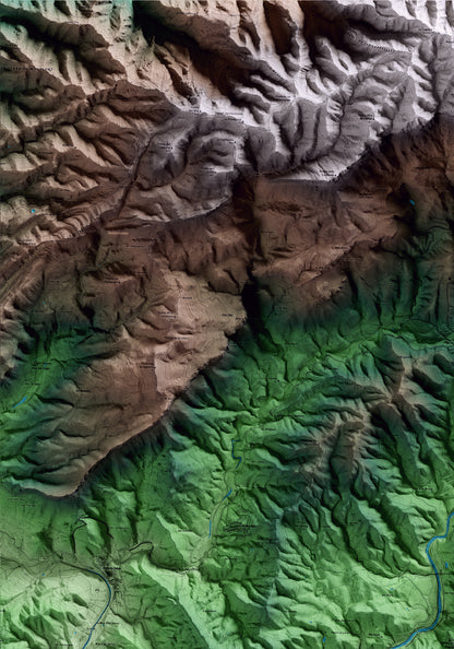 Mapa artístico del relieve de Torroja del Priorat, al Priorat, con 15 km de entorno y base topográfica ICGC. Detalle de la zona superior izquierda.