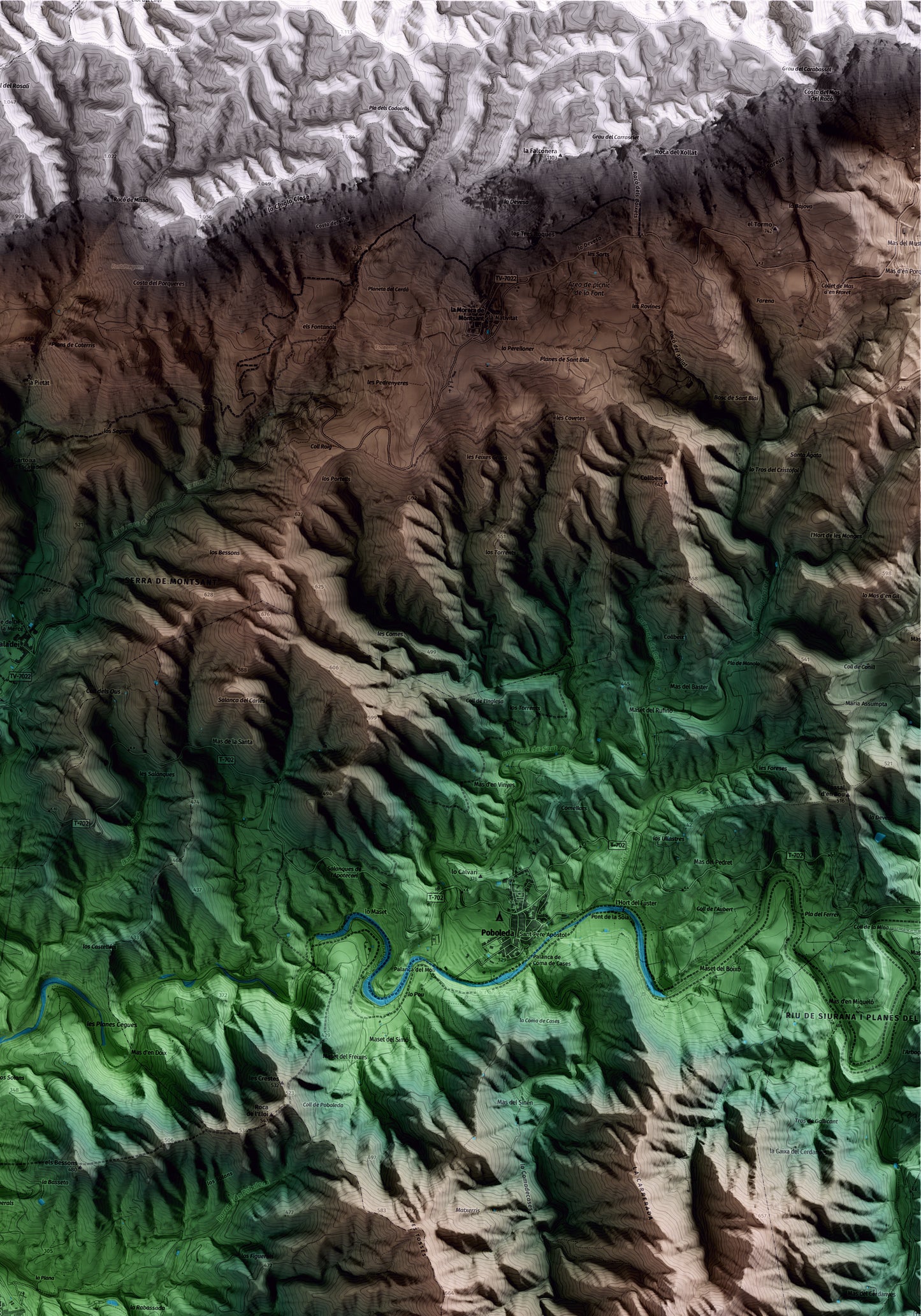 Mapa artístico del relieve de Torroja del Priorat, al Priorat, con 15 km de entorno y base topográfica ICGC. Detalle de la zona superior derecha.