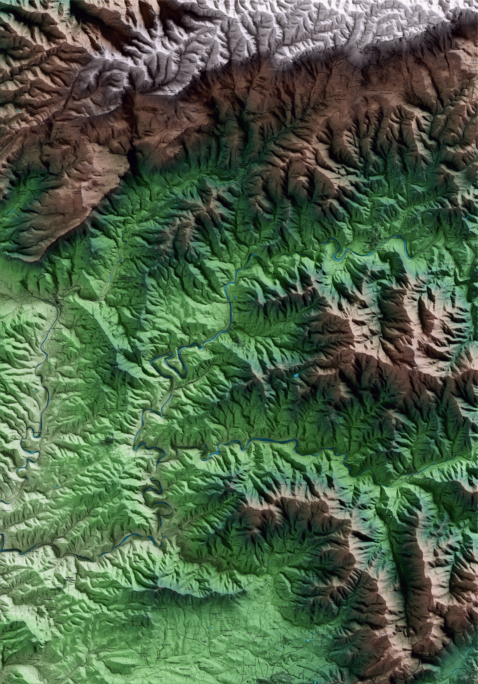 Mapa artístico del relieve de Torroja del Priorat, al Priorat, con 15 km de entorno y base topográfica ICGC