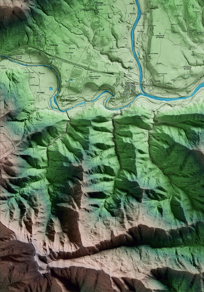 Mapa artístico del relieve de Tortellà, a la Garrotxa, con 15 km de entorno y base topográfica ICGC. Detalle de la zona inferior izquierda.