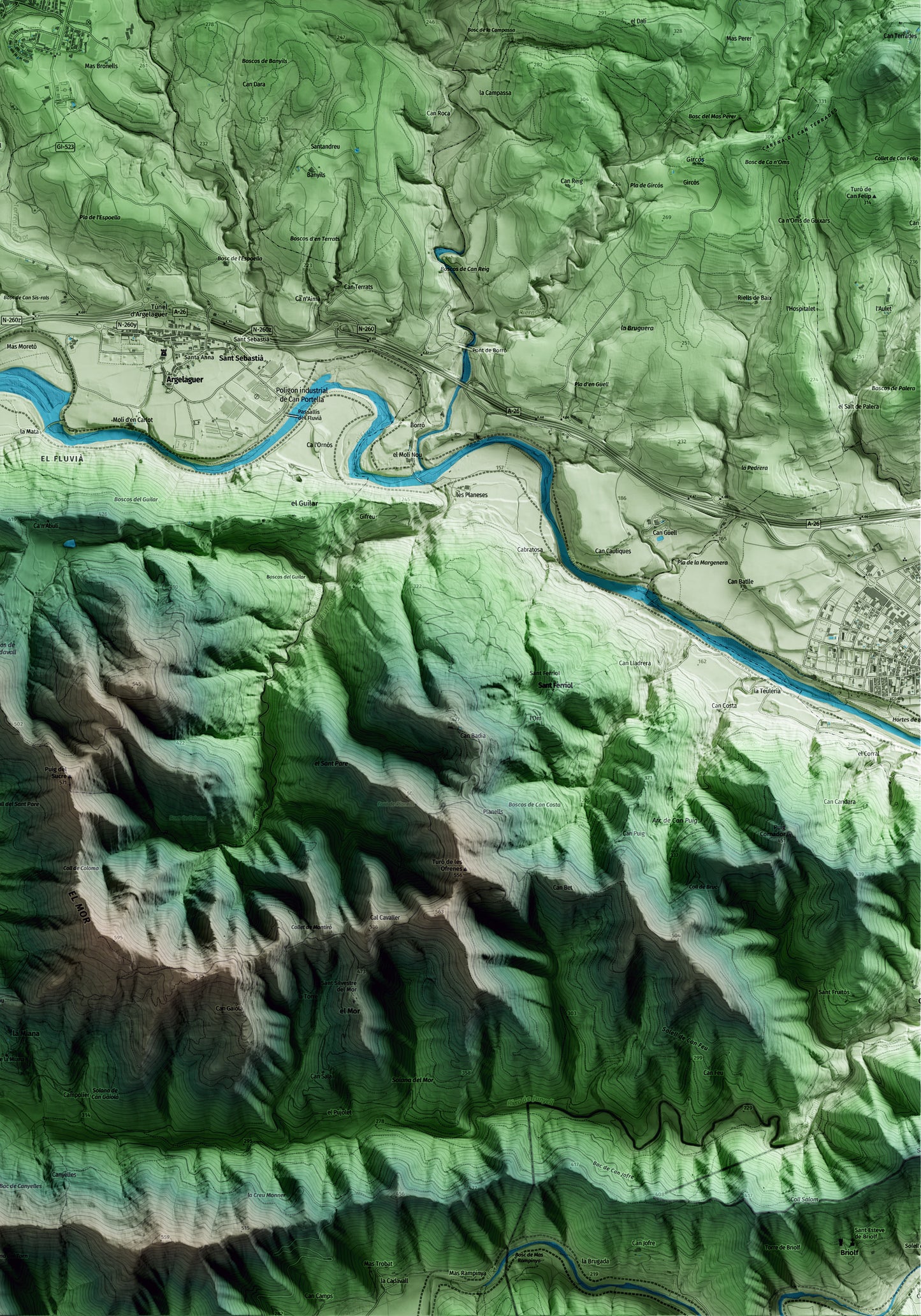 Mapa artístico del relieve de Tortellà, a la Garrotxa, con 15 km de entorno y base topográfica ICGC. Detalle de la zona inferior derecha.