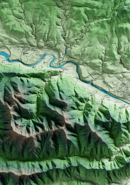 Mapa artístico del relieve de Tortellà, a la Garrotxa, con 15 km de entorno y base topográfica ICGC. Detalle de la zona inferior derecha.