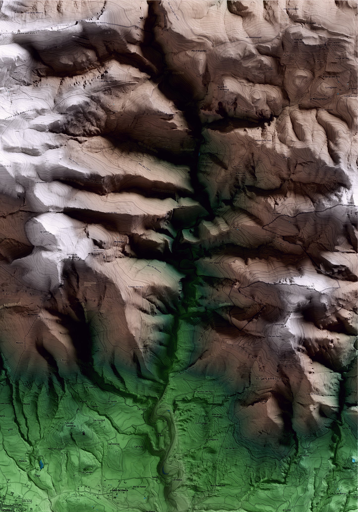 Mapa artístico del relieve de Tortellà, a la Garrotxa, con 15 km de entorno y base topográfica ICGC. Detalle de la zona superior derecha.