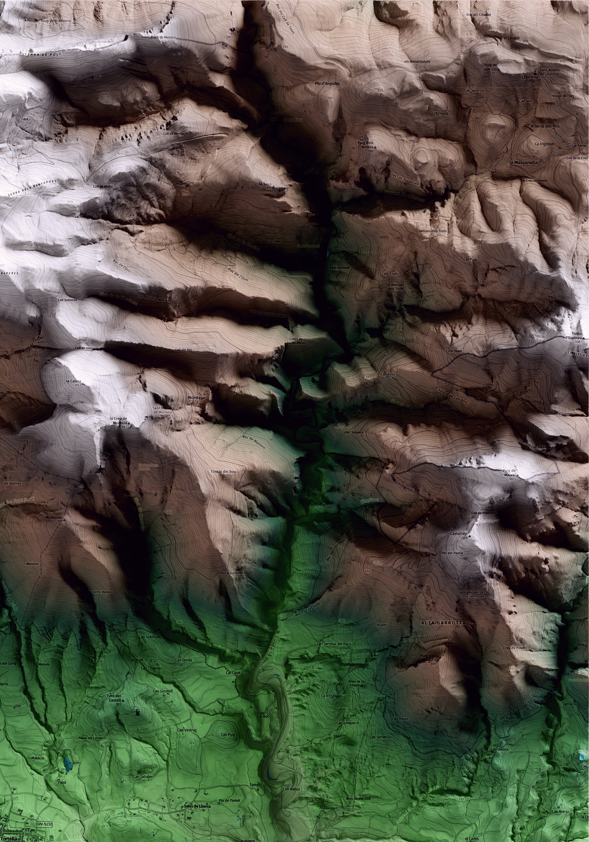 Mapa artístico del relieve de Tortellà, a la Garrotxa, con 15 km de entorno y base topográfica ICGC. Detalle de la zona superior derecha.