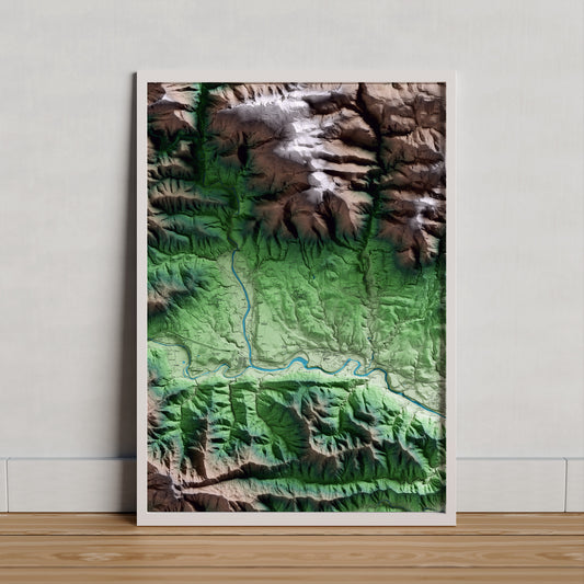 Mapa artístico del relieve de Tortellà, a la Garrotxa, con 15 km de entorno y base topográfica ICGC. Presentación enmarcada.